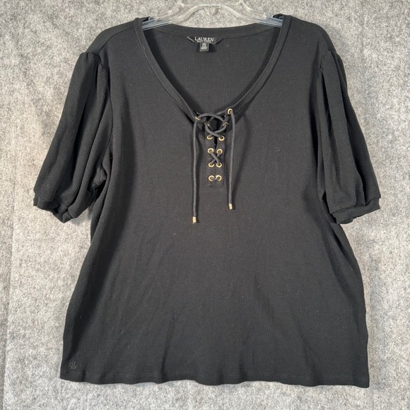 Lauren Ralph Lauren Women's Waffle-Knit Lace-Up Puff-Sleeve Top Size 2X Black - Picture 1 of 10